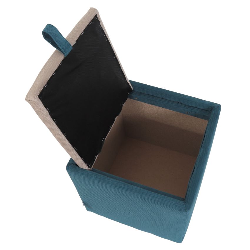 Taburet box, corp turcoaz, capac crem, stofa, 41x37x37 cm