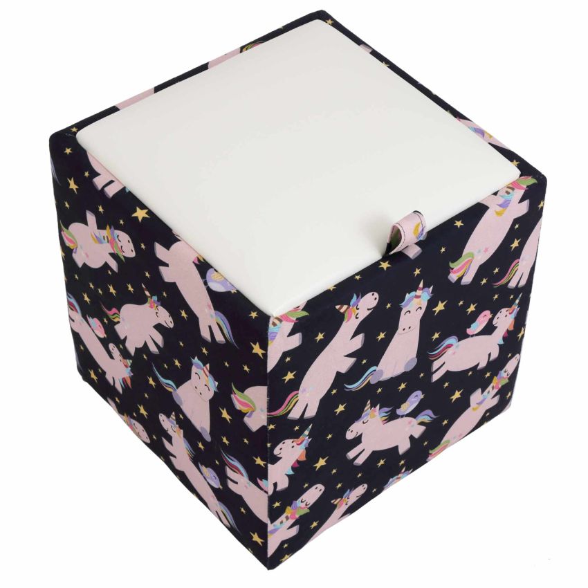 Taburet box print, corp tapitat unicorni, capac imitatie piele alb, 41x37x37 cm