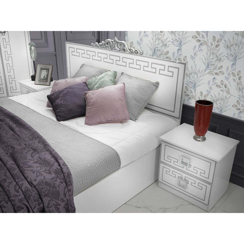 Dormitor olimp silver, alb, pat 160x200 cm, dulap cu 6 usi, 2 noptiere, comoda