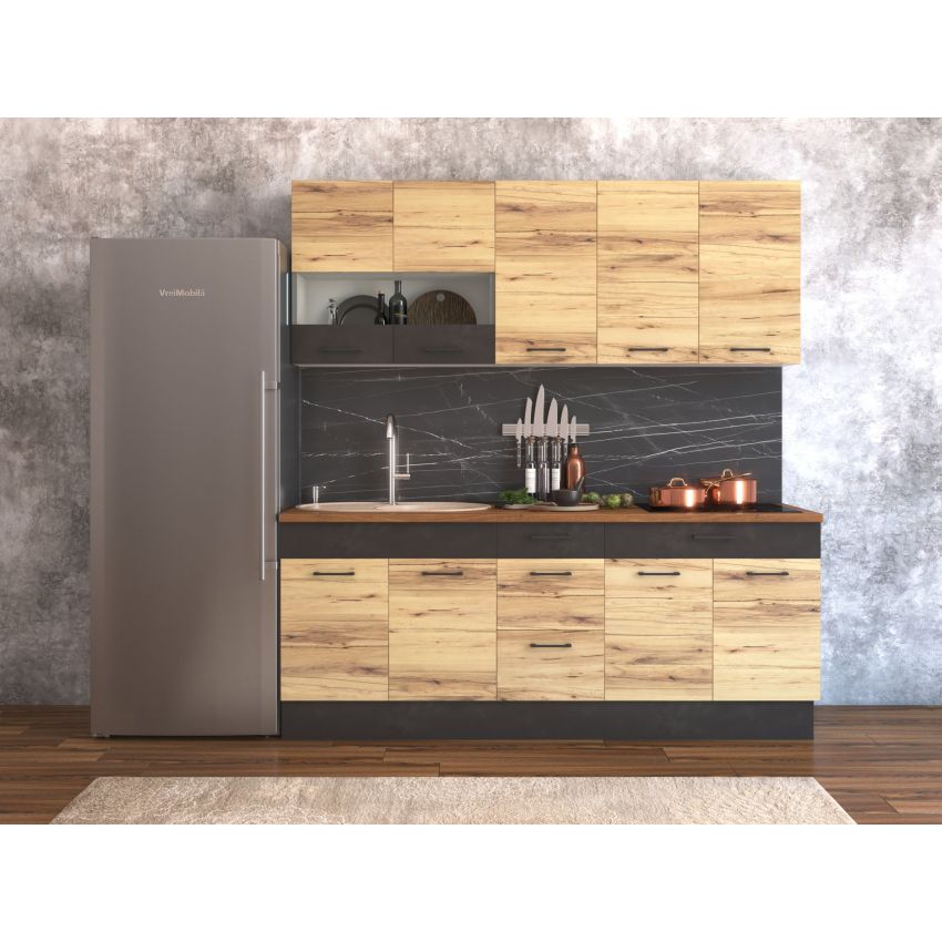 Bucatarie greta 200 cm, stejar/antracit, blat termic nuc