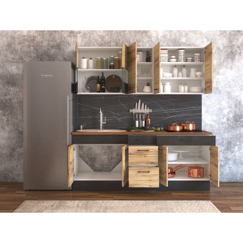 Bucatarie greta 200 cm, stejar/antracit, blat termic nuc