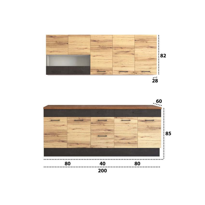 Bucatarie greta 200 cm, stejar/antracit, blat termic nuc