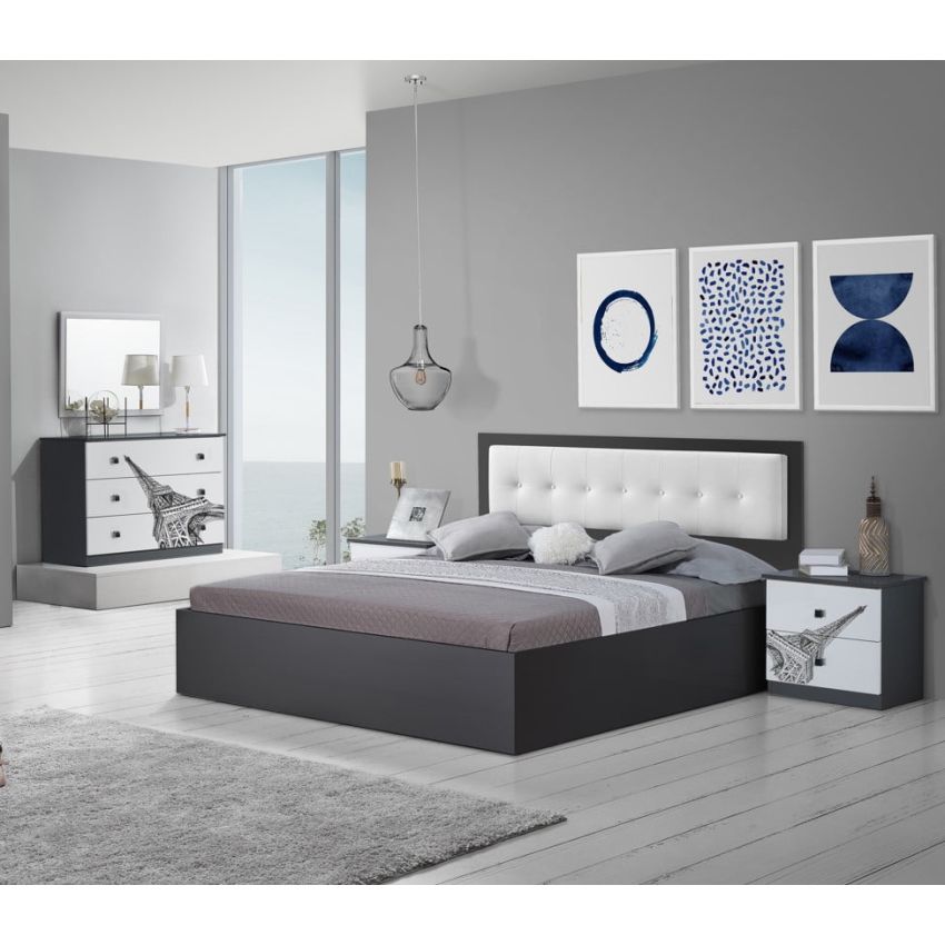 Dormitor Eiffel, alb/negru, pat 160x200, comoda, dulap, noptiere
