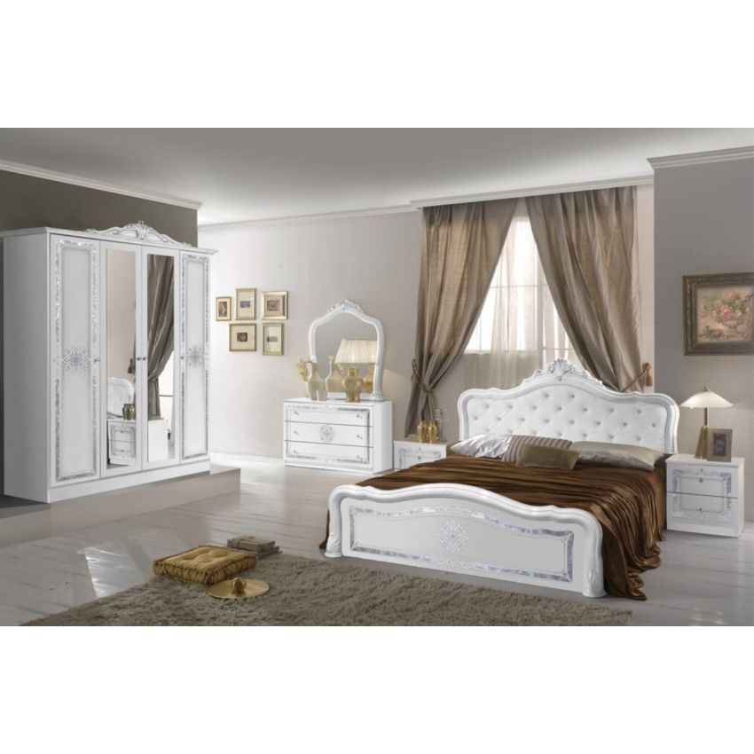 Dormitor Luisa, alb, pat 160x200 cm, dulap cu 4 usi, comoda, 2 noptiere