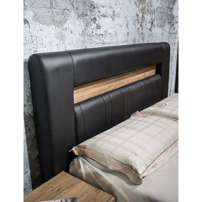 Dormitor mozart, sonoma/negru, pat 180x200 cm, dulap cu 2 usi culisante, comoda, 2 noptiere