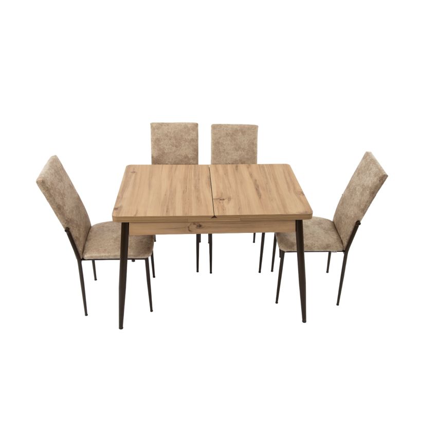 Set masa extensibila t710 kemence, maro, 88-115x58x75 cm cu 4 scaune c669, crem, 44x45x95 cm
