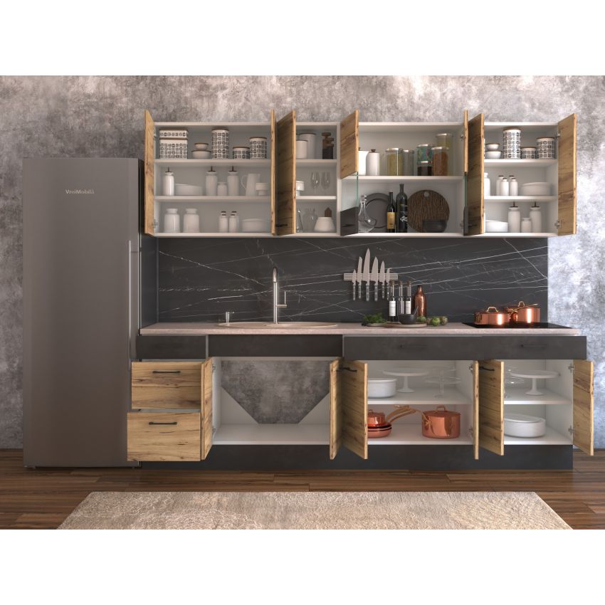 Bucatarie greta 260 cm, stejar/antracit, blat travertin