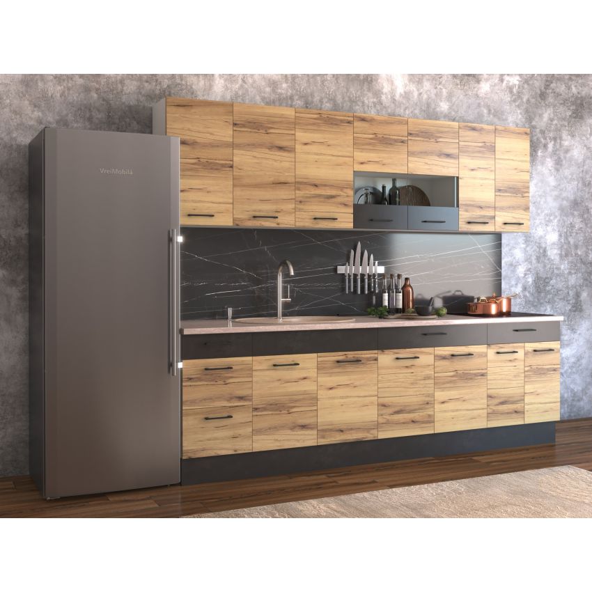Bucatarie greta 260 cm, stejar/antracit, blat travertin
