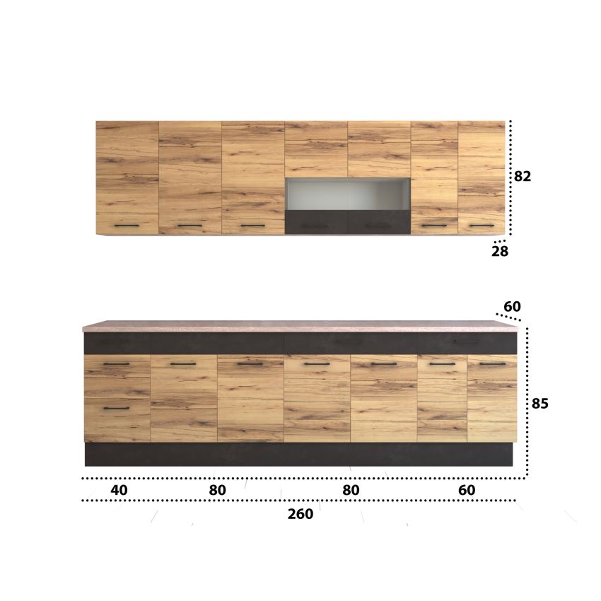 Bucatarie greta 260 cm, stejar/antracit, blat travertin
