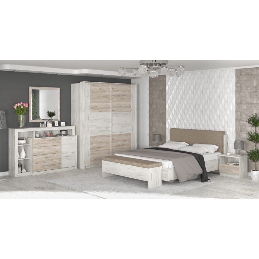 Dormitor Kim stejar sonoma, pat 160x200, dulap 2 usi culisante, bancuta cu spatiu de depozitare, masa de toaleta, comoda, 2 noptiere