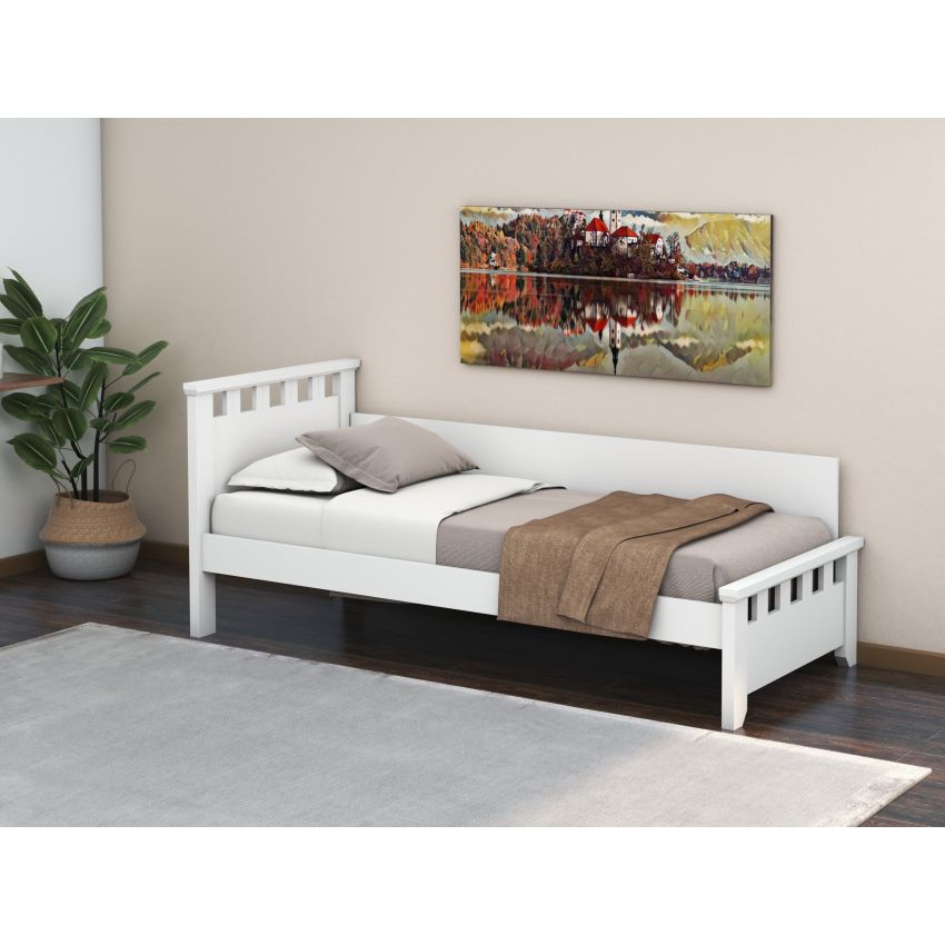 Pat alora, 90x200 cm, cu tablie, mdf, lemn masiv fag, alb
