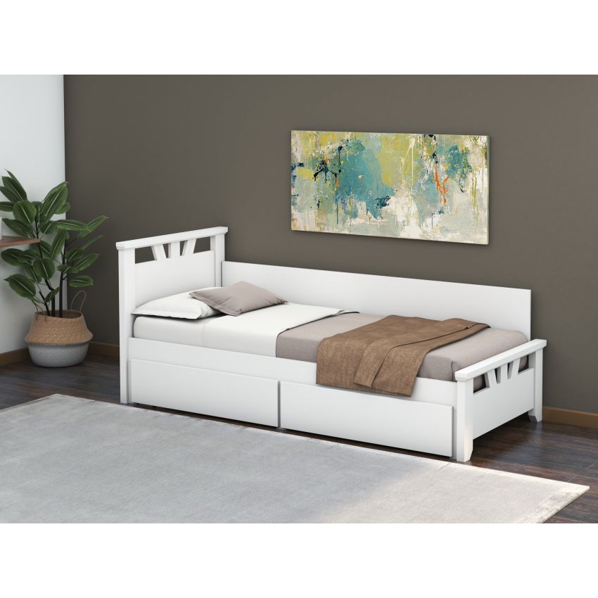 Pat Lenka, 90x200 cm, cu sertare si tablie, mdf, lemn masiv fag, alb