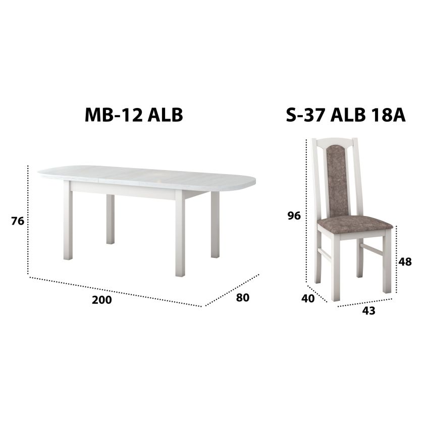 Set masa extensibila 160 x 200 cm cu 4 scaune tapitate, mb-12 venus1 si s-38 boss14 b18a, bialy, lemn masiv de fag, stofa