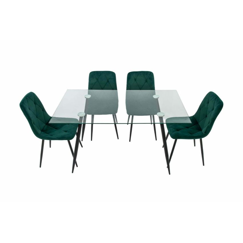 Set masa mb-84, sticla securizata, 140x76x80 cm, cu 4 scaune s-179 verde, 44x85x43 cm
