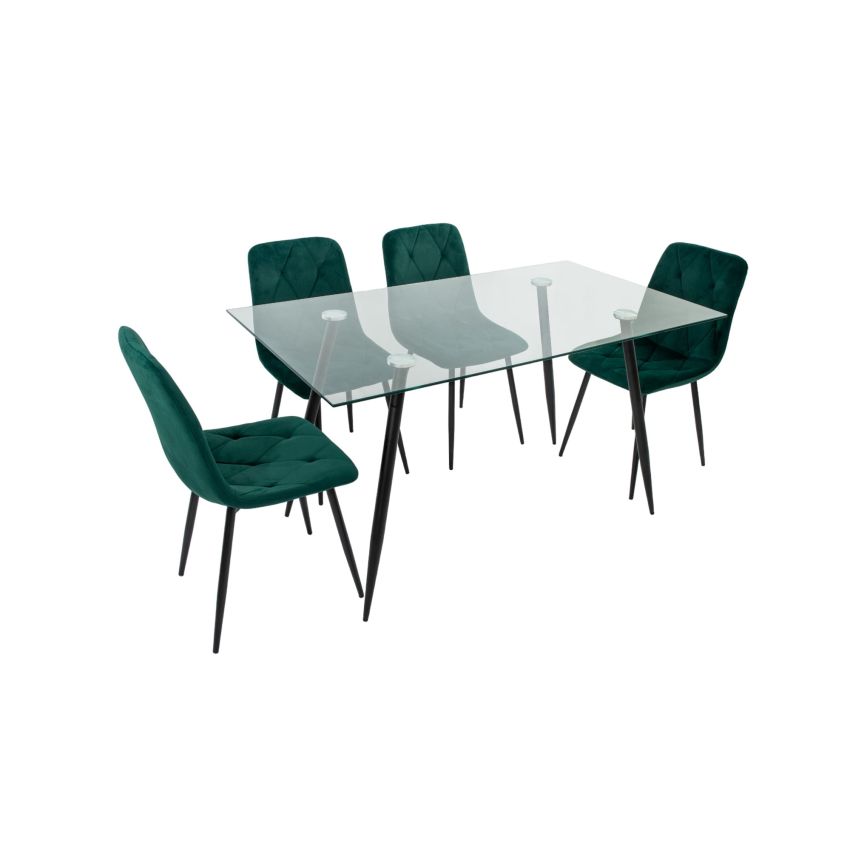 Set masa mb-84, sticla securizata, 140x76x80 cm, cu 4 scaune s-179 verde, 44x85x43 cm