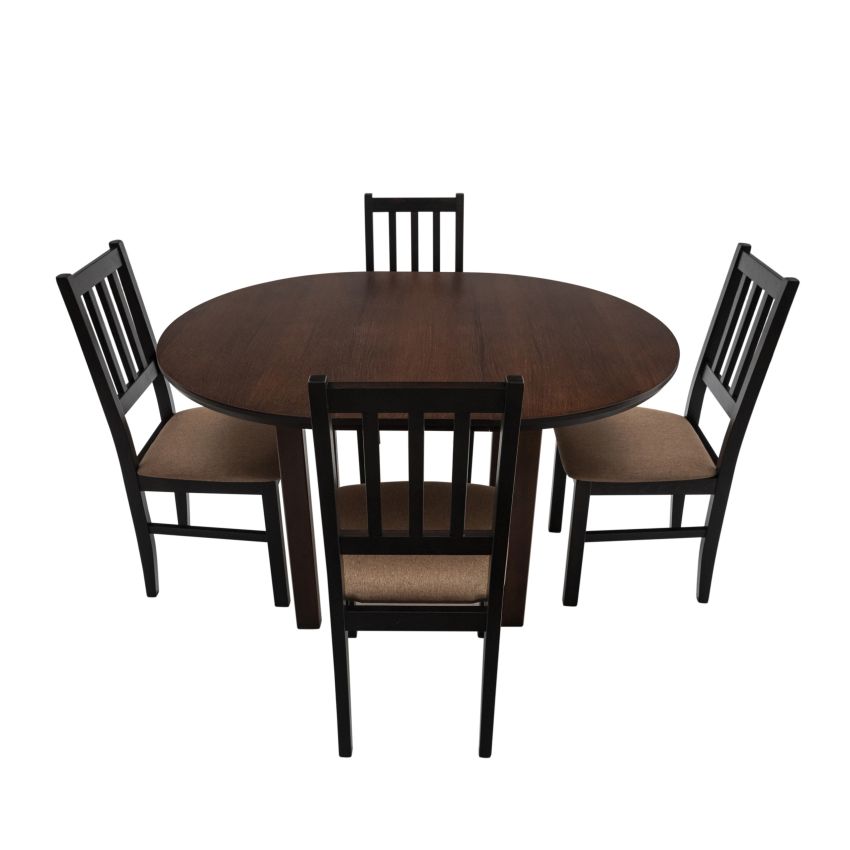 Set masa extensibila 100 x 130 cm cu 4 scaune tapitate, mb-12 poli1 si s-38 boss4 w15, wenge, lemn masiv, stofa
