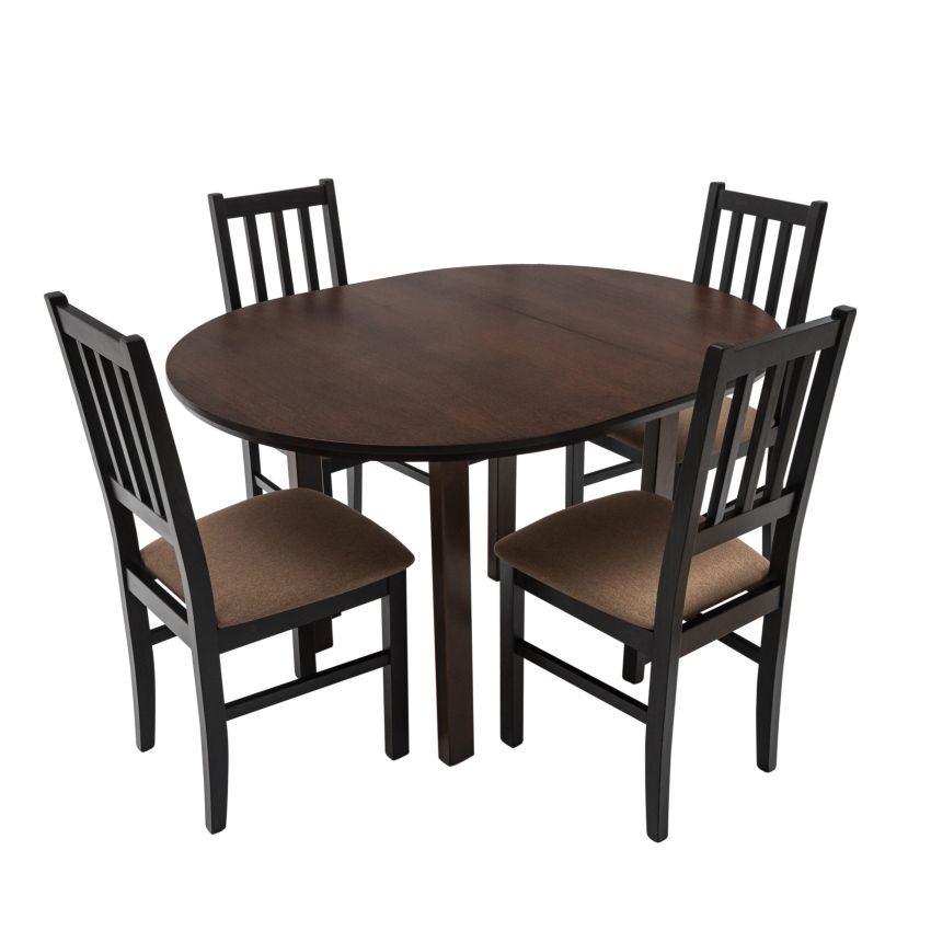 Set masa extensibila 100 x 130 cm cu 4 scaune tapitate, mb-12 poli1 si s-38 boss4 w15, wenge, lemn masiv, stofa