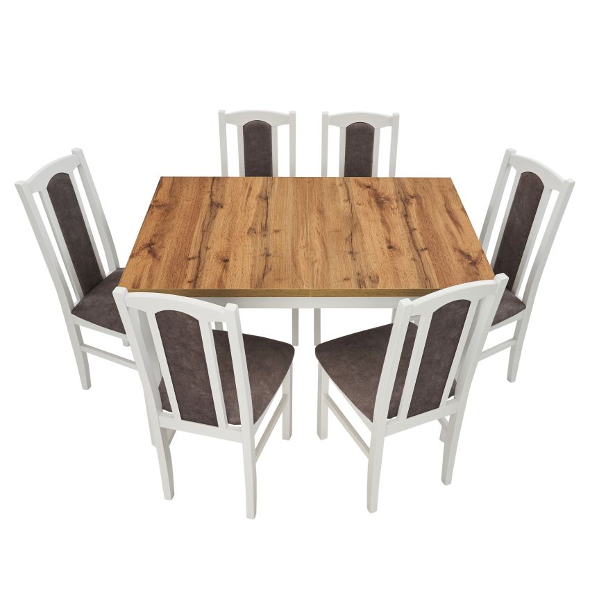 Set masa extensibila 120x150 cm cu 6 scaune tapitate, mb-13 max5 p si s-37 boss7 b 18a, wotan/bialy, lemn masiv de fag, stofa