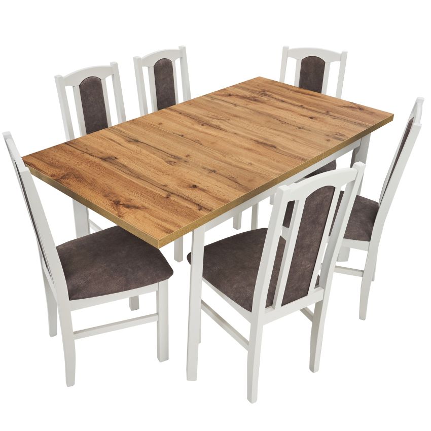 Set masa extensibila 120x150 cm cu 6 scaune tapitate, mb-13 max5 p si s-37 boss7 b 18a, wotan/bialy, lemn masiv de fag, stofa