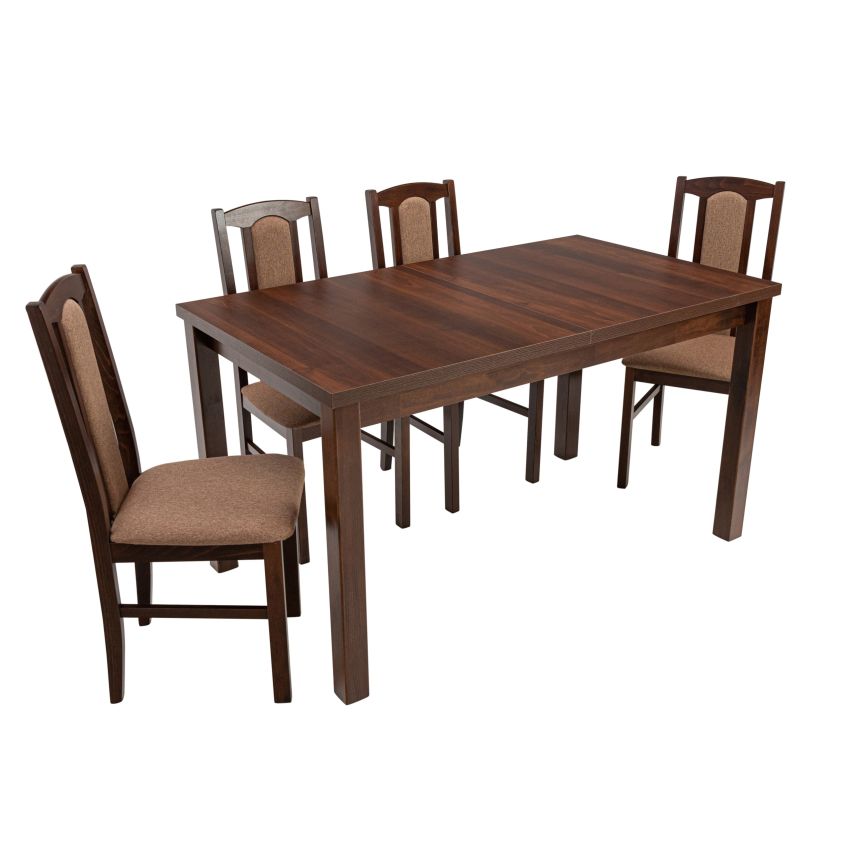 Set masa extensibila 140 x 180 cm cu 4 scaune tapitate, mb-21 modena1 si s-37 boss7 o15, nuc, lemn masiv de fag, stofa