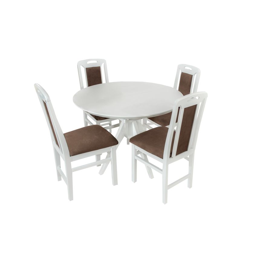 Set masa extensibila atria 102x142 cm, lemn masiv alb, blat din mdf cu 4 scaune tapitate zim standard, stofa petra maro