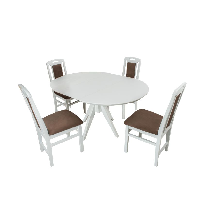 Set masa extensibila atria 102x142 cm, lemn masiv alb, blat din mdf cu 4 scaune tapitate zim standard, stofa petra maro