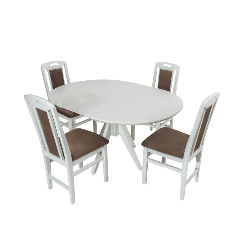 Set masa extensibila atria 102x142 cm, lemn masiv alb, blat din mdf cu 4 scaune tapitate zim standard, stofa petra maro