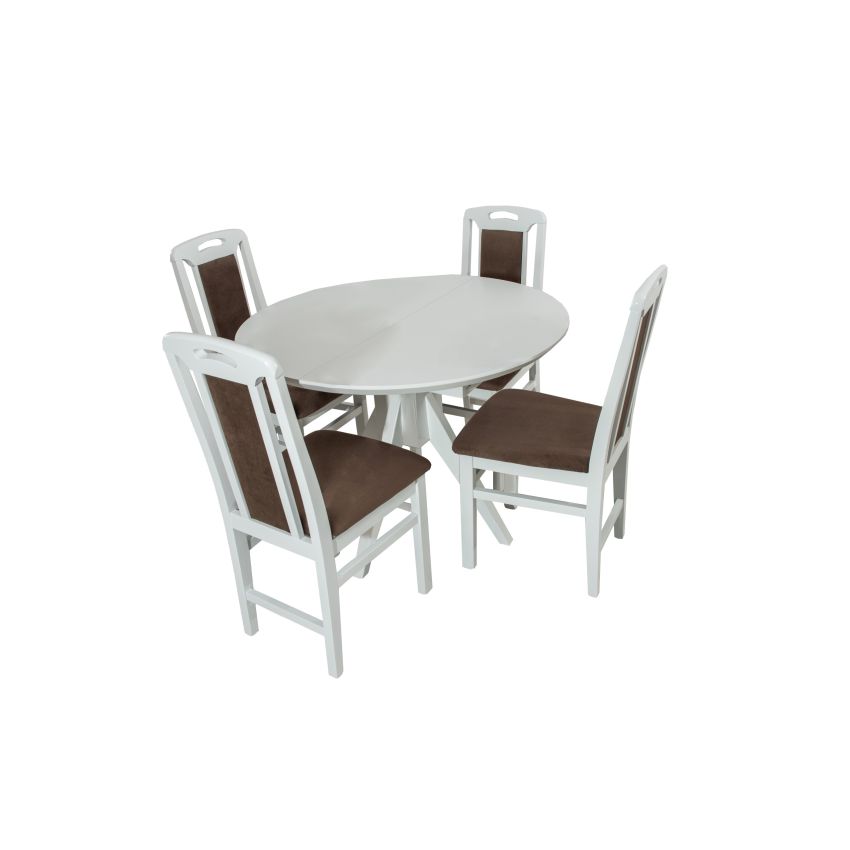 Set masa extensibila atria 102x142 cm, lemn masiv alb, blat din mdf cu 4 scaune tapitate zim standard, stofa petra maro