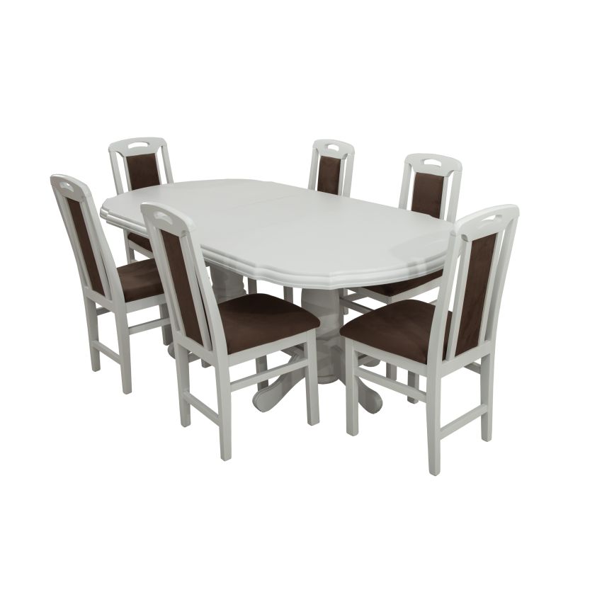Set masa extensibila jork 160x200 cm, lemn masiv alb, blat din mdf cu 6 scaune tapitate zim standard, stofa petra maro
