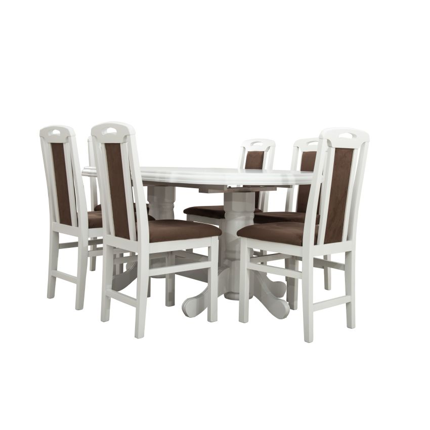 Set masa extensibila jork 160x200 cm, lemn masiv alb, blat din mdf cu 6 scaune tapitate zim standard, stofa petra maro