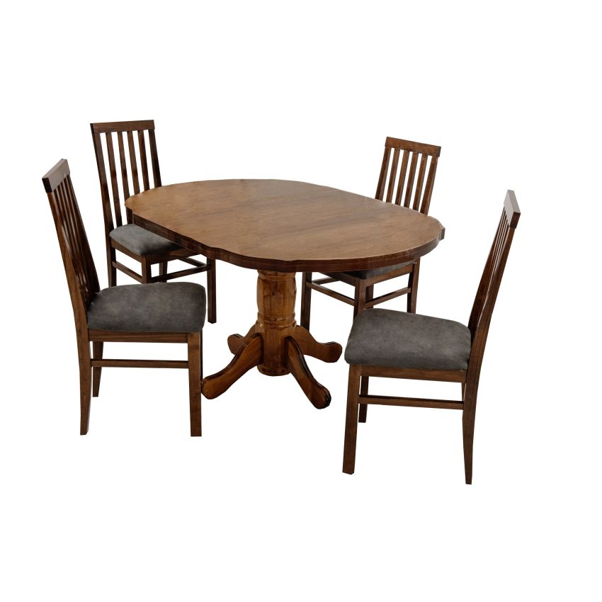 Set masa extensibila kan 100x135 cm, lemn masiv, culoare nuc, blat din mdf cu 4 scaune tapitate zim snezana walnut, stofa silver