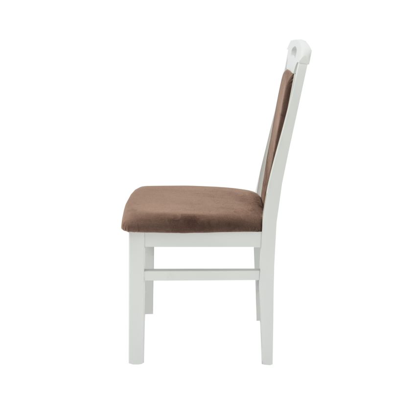 Set masa extensibila kan 100x135 cm, lemn masiv alb, blat din mdf cu 4 scaune tapitate zim standard, stofa petra maro