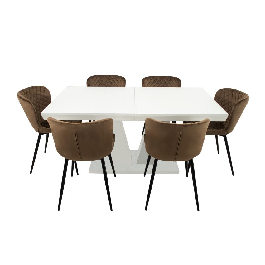 Set masa extensibila v 160x200 cm, lemn masiv alb, blat din mdf cu 6 scaune tapitate s-153, stofa maro