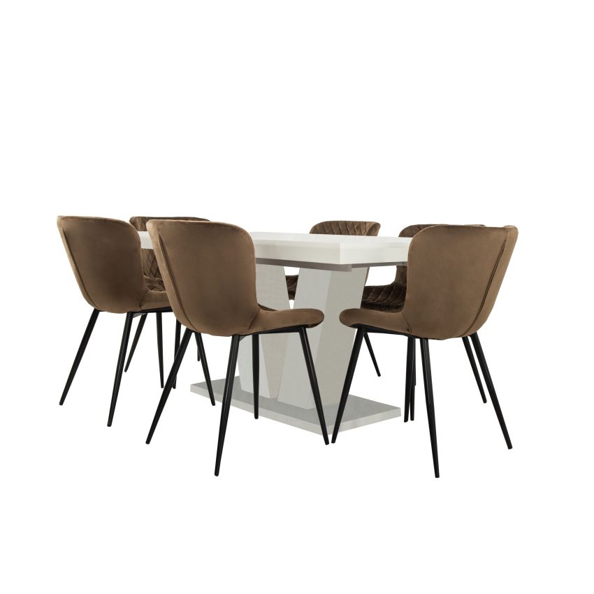 Set masa extensibila v 160x200 cm, lemn masiv alb, blat din mdf cu 6 scaune tapitate s-153, stofa maro