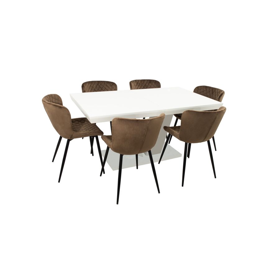 Set masa extensibila v 160x200 cm, lemn masiv alb, blat din mdf cu 6 scaune tapitate s-153, stofa maro