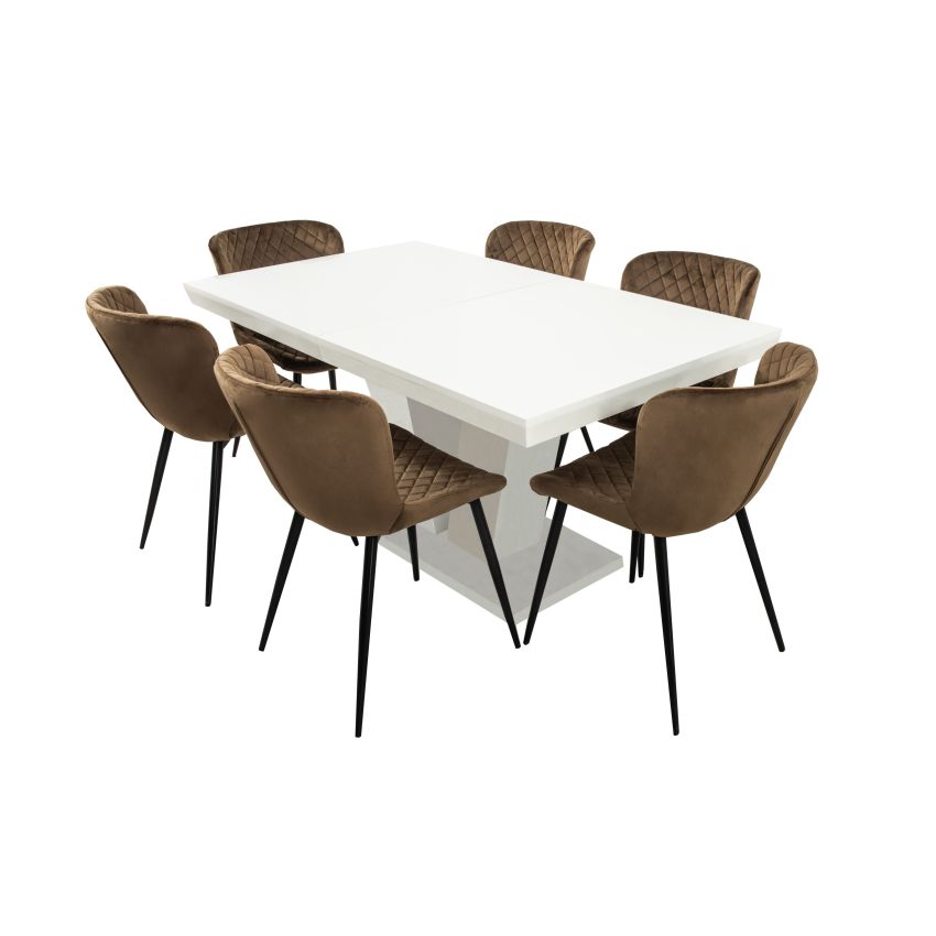 Set masa extensibila v 160x200 cm, lemn masiv alb, blat din mdf cu 6 scaune tapitate s-153, stofa maro