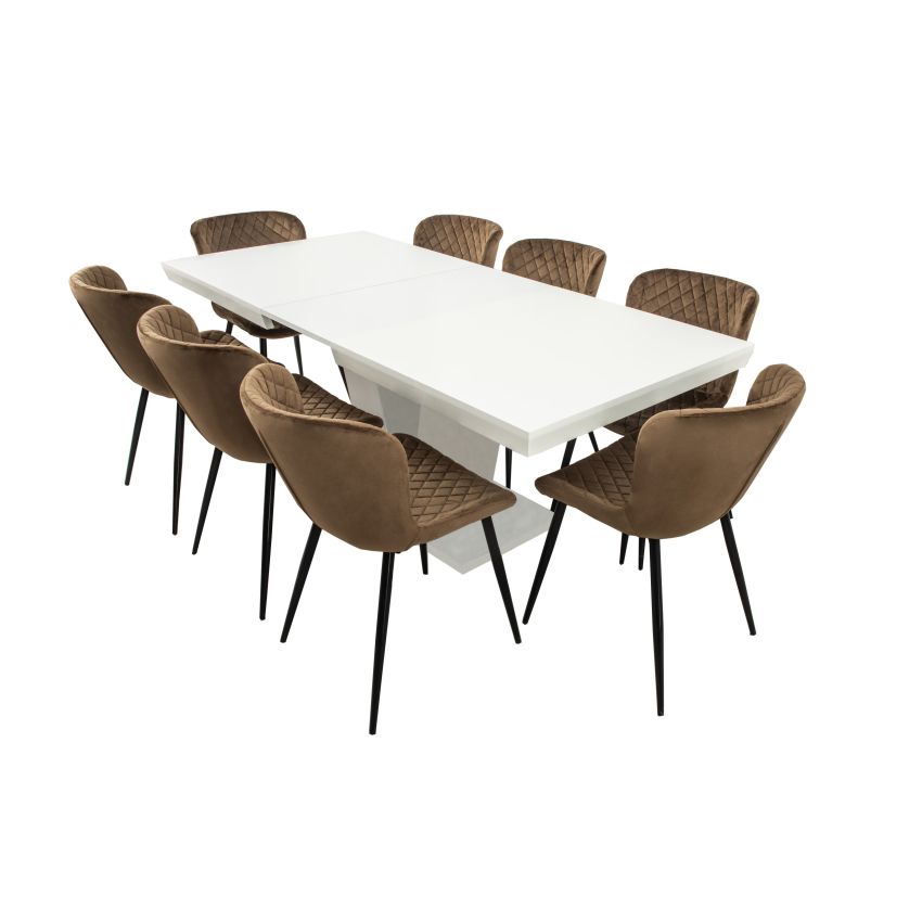 Set masa extensibila v 160x200 cm, lemn masiv alb, blat din mdf cu 8 scaune tapitate s-153, stofa maro
