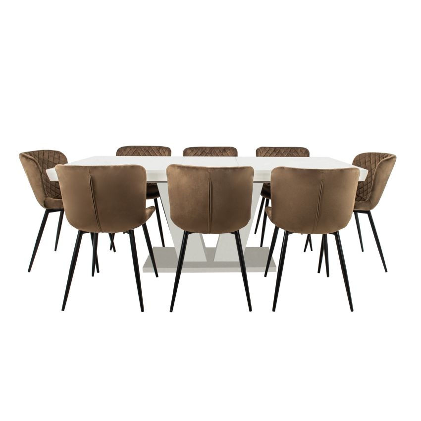 Set masa extensibila v 160x200 cm, lemn masiv alb, blat din mdf cu 8 scaune tapitate s-153, stofa maro