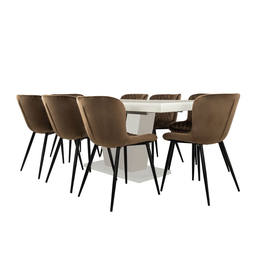 Set masa extensibila v 160x200 cm, lemn masiv alb, blat din mdf cu 8 scaune tapitate s-153, stofa maro
