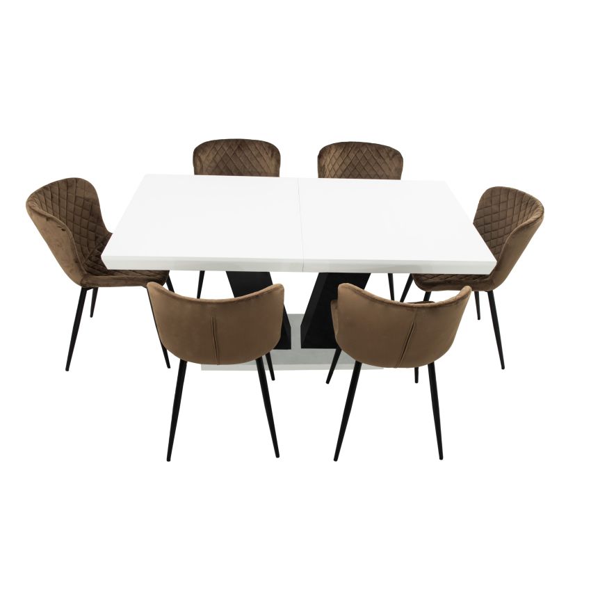 Set masa extensibila v 160x200 cm, lemn masiv alb/negru, blat din mdf cu 6 scaune dining s-153, tapiterie maro