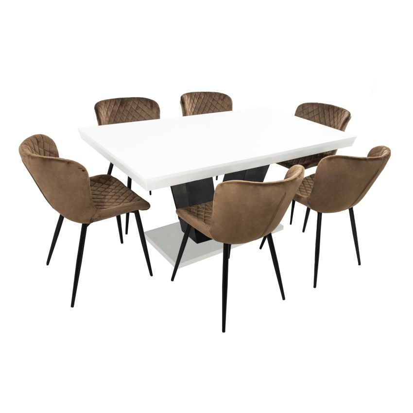 Set masa extensibila v 160x200 cm, lemn masiv alb/negru, blat din mdf cu 6 scaune dining s-153, tapiterie maro