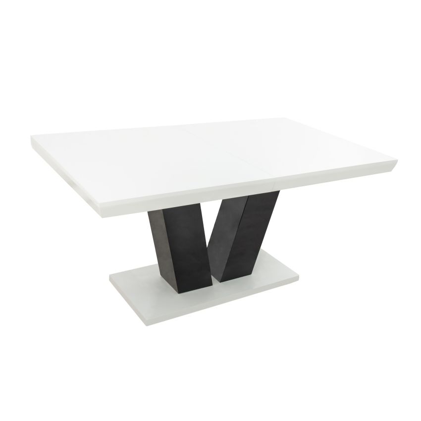 Set masa extensibila v 160x200 cm, lemn masiv alb/negru, blat din mdf cu 6 scaune dining s-153, tapiterie maro