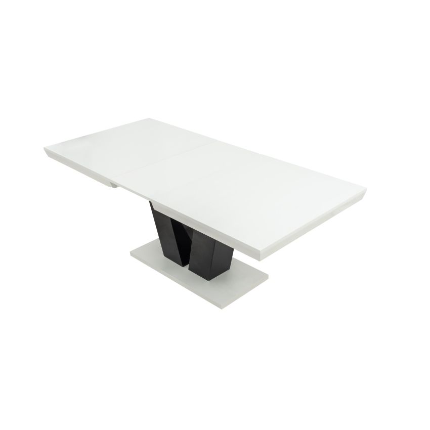 Set masa extensibila v 160x200 cm, lemn masiv alb/negru, blat din mdf cu 6 scaune dining s-153, tapiterie maro