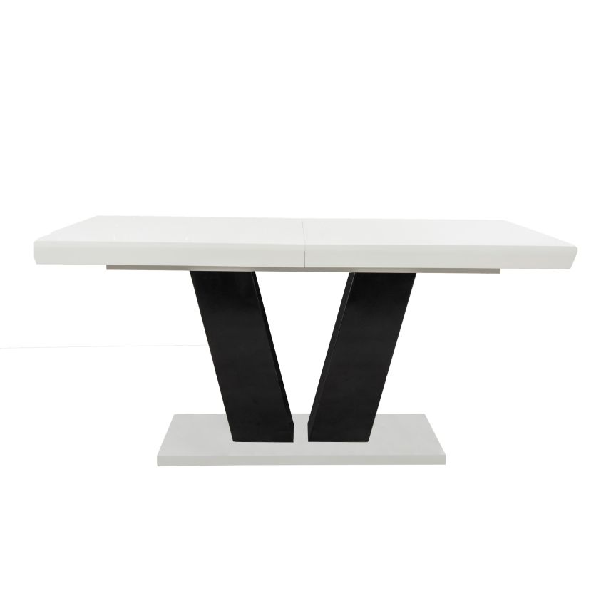 Set masa extensibila v 160x200 cm, lemn masiv alb/negru, blat din mdf cu 6 scaune dining s-153, tapiterie maro