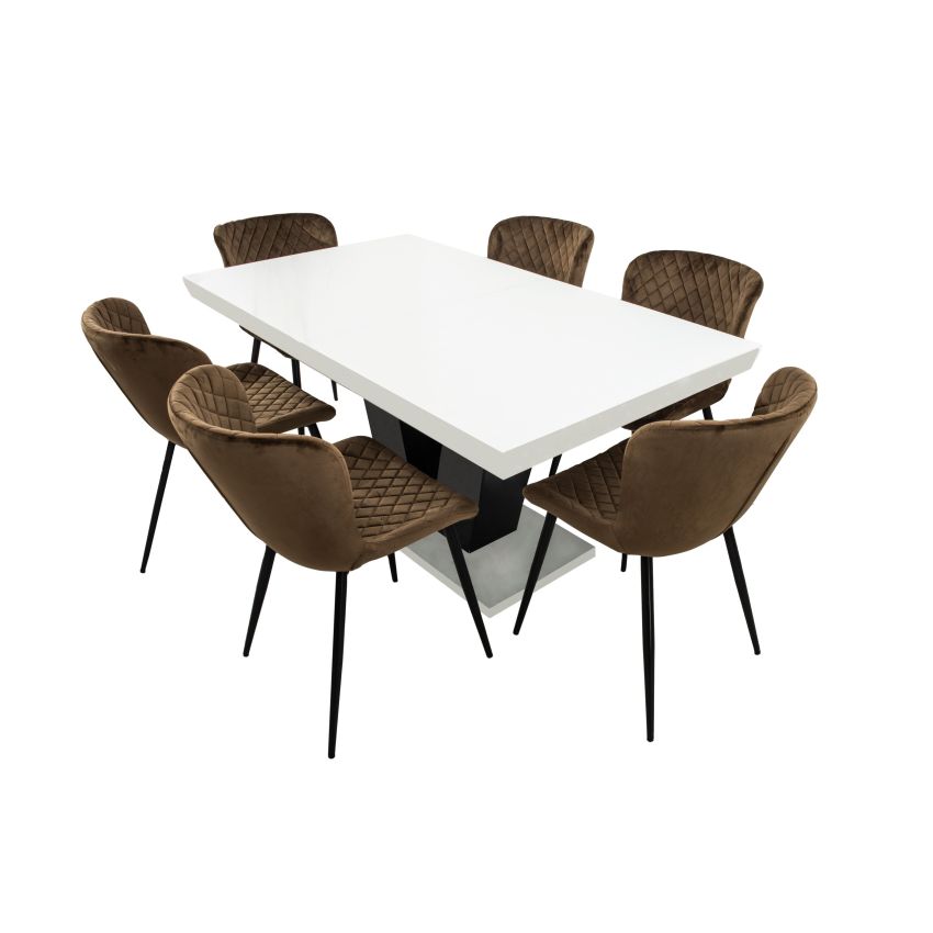 Set masa extensibila v 160x200 cm, lemn masiv alb/negru, blat din mdf cu 6 scaune dining s-153, tapiterie maro