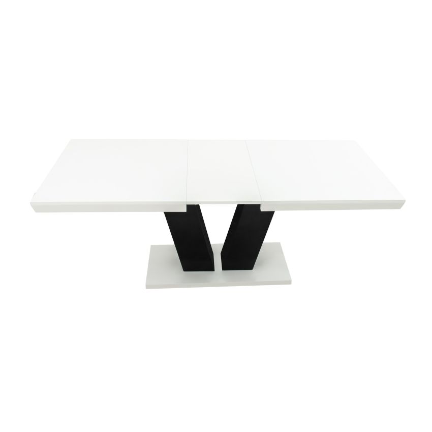 Set masa extensibila v 160x200 cm, lemn masiv alb/negru, blat din mdf cu 6 scaune dining s-153, tapiterie maro