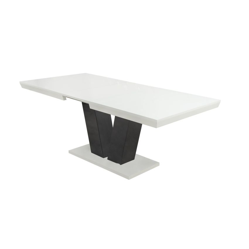 Set masa extensibila v 160x200 cm, lemn masiv alb/negru, blat din mdf cu 6 scaune dining s-153, tapiterie maro