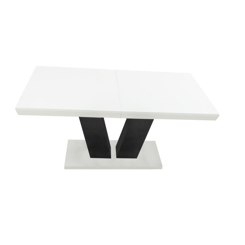 Set masa extensibila v 160x200 cm, lemn masiv alb/negru, blat din mdf cu 6 scaune dining s-153, tapiterie maro