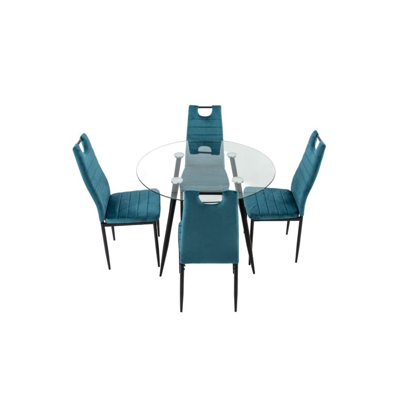 Set masa mb-83, sticla securizata, 100x76 cm, cu 4 scaune s-175 albastru, 58x98x48 cm