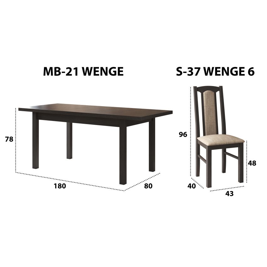 Set masa extensibila 140 x 180 cm cu 6 scaune tapitate, mb-21 si s-37, wenge, lemn masiv de fag, stofa